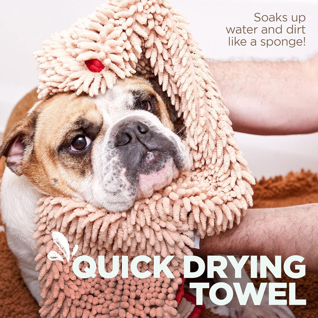 Soggy Doggy Super Shammy Dog Towel - Microfiber Chenille Towel for Drying Dogs and Cleaning Paws - Fast Drying with Hand Pockets for Ease (Beige/Red Trim, 31” X 14”)